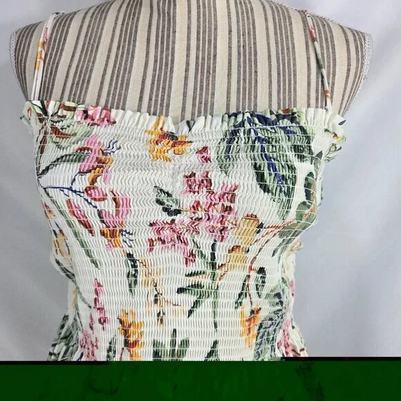 H&M White w/Multi Floral Print Removable Spaghetti Strap Smocked Top Dress Large - Picture 2 of 9